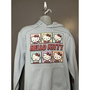 Hello Kitty Hoodie Sweatshirt Womens Large Blue Graphic Pullover Kawaii Fleece